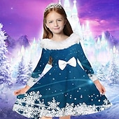 cheap 3D Shining Vision Dress-Kids Girls&#039; Dress Snowflake Long Sleeve Casual Fur Trim Crewneck Adorable Daily Polyester Above Knee Casual Dress Swing Dress A Line Dress Fall Winter 2-13 Years Navy Blue Blue Sky Blue