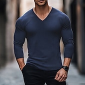 billiga Våffelstickad t-shirt-Herr T-shirt T-shirts Våffelstickad t-shirt Långärmad V-hals Vår Höst Vår &amp; Höst Ensfärgat Stickat Dagligen Klassisk Utomhus Casual Ledigt Svart Vinröd Blå Topp t-shirt för män