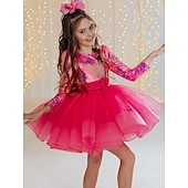 preiswerte Partykleider-kinderkleidung Mädchen Party Kleid Feste Farbe Langarm Leistung Gitter Prinzessin Süß Gitter Mitte der Wade Etuikleid Tüll-Kleid Sommer Frühling Herbst Kinder Rosenrot