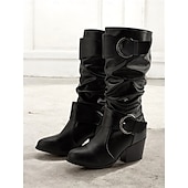 cheap Slouch Boots-Women&#039;s Brown Mid-Calf Slouchy Boots with Decorative Buckle and Low Block Heel – Casual Western Style, Perfect for Fall and Winter Fashion