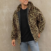 preiswerte Herrenjacken &amp; Herrenmäntel-Herren Winterjacke Fleecejacke Mantel aus Kunstpelz Täglich Urlaub warm Tasche Vlies Herbst Winter Leopard-Druck Modisch Strassenmode Mit Kapuze Standard Gelb Blau Grün Jacken