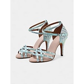 abordables Chaussures de danses latines-chaussures de danse latine pour femmes ornées de strass dorés - talons à bout ouvert avec design à lanières pour la salle de bal, la salsa et les occasions spéciales