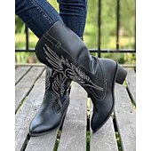 tanie Kowboj i zachodnie buty-damskie kowbojskie buty w stylu western – klasyczne, sięgające do połowy łydki, brązowe, ze sztucznej skóry z haftowanym wzorem, idealne na co dzień, na festiwale i do strojów wiejskich