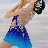 cheap Figure Skating Dresses-Figure Skating Dress Women&#039;s Girls&#039; Ice Skating Dress Blue Patchwork Thumbhole Mesh Spandex Stretchy Training Practice Professional Skating Wear Thermal Warm Crystal / Rhinestone Long Sleeve Ice