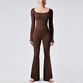 billiga Set och One-Pieces-Dam Jumpsuit Träningsdräkt Onesie Utsvängda byxben Ensfärgat Kroppsdräkt Byxdress Svart Kaffe Yoga Kondition Gymträning Andningsfunktion Mjuk Långärmad Sport Sportkläder Elastisk Smal
