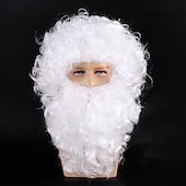 preiswerte Trendige synthetische Perücken-Weihnachtsmann-Bart- und Perückenset, weißer Bart und Perücke, lockige Weihnachtskostüm-Perücke für Männer