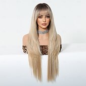 baratos Perucas Sintéticas sem Touca-Perucas sintéticas Uniformes Trajes de carreira Princesa Liso Kinky Liso Parte do meio Corte em Camadas Com Franjas Fabrico à Máquina Peruca 28 polegadas Castanho Claro Cabelo Sintético Mulheres