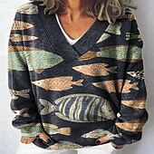cheap Graphic Patterns &amp; Details-Women&#039;s Blouse Color Block Print Casual Long Sleeve V Neck Regular Tops Daily Print Red Blue Green Light Blue Winter
