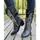 tanie Kowboj i zachodnie buty-damskie kowbojskie buty w stylu western – klasyczne, sięgające do połowy łydki, brązowe, ze sztucznej skóry z haftowanym wzorem, idealne na co dzień, na festiwale i do strojów wiejskich