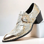 abordables Mocassins en cuir de qualité supérieure-chaussures habillées en cuir métallisé doré pour hommes avec motif peau de serpent, bout carré et détail boucle - parfaites pour les mariages, les fêtes et autres événements spéciaux
