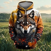 cheap Men&#039;s 3D Hoodies-Men&#039;s Wolf Hoodies Sweatshirt Outerwear Hooded Sweatshirt Crew Neck Fashion 3D Print Party Holiday Streetwear Brown Drawstring Fall Winter Designer