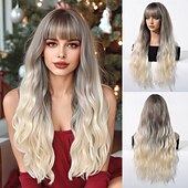 voordelige Synthetische trendy pruiken-24 inch synthetische pruik damespruik blond lang golvend haar met pony mode dagelijks kerstfeest pruiken