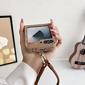 זול מארז סמסונג-טלפון מגן עבור Z Flip 6 Z Flip 5 Z Flip 4 כיסוי אחורי מארז כרטיס ארנק עם רצועת יד עמיד בזעזועים רטרו TPU עץ