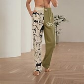 baratos Lar-Homens splicing Calças de linho Calça verão Calças de praia Cintura Média Vintage Estilo Clássico Casual Diário Feriado Com Cordão Cintura elástica Impressão 3D Primavera Verão Impressão 3D Azul