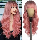 cheap Synthetic Trendy Wigs-Wigs with Bangs,Long Curly Wig for Women Long Wavy Wig Synthetic Hair Wig for festival holiday Use