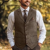 voordelige Semi-formele pakken-Bruin Grijs Heren Haringbeen Tweed Vest Standaard Pasvorm Notch Enkele Knopen Vijf-knopen