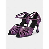 abordables Chaussures de danses latines-chaussures de danse latine à strass violet pour femmes avec lanières croisées, semelle en daim souple et design à bout ouvert - talons hauts étincelants pour la salsa, le tango et la salle de bal