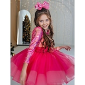 preiswerte Partykleider-kinderkleidung Mädchen Party Kleid Feste Farbe Langarm Leistung Gitter Prinzessin Süß Gitter Mitte der Wade Etuikleid Tüll-Kleid Sommer Frühling Herbst Kinder Rosenrot