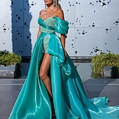 abordables VERT-Robe de soirée fourreau scintillante robe de bal d&#039;anniversaire traîne sans manches bustier détachable en satin avec sequins robe de bal