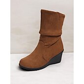 levne Slouch Boots-dámské hnědé semišové kotníkové boty – pohodlný klínový podpatek s prohnutým designem, ideální na podzimní a zimní běžné nošení