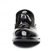 levne Poloformální-pánské černé lakované střapcové mokasíny – elegantní společenské boty s brogue detaily