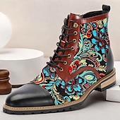cheap Premium Leather Boots-Men&#039;s Premium Cowhide Leather Lace-Up Boots with Floral Jacquard Design and Cap Toe - Stylish and Durable Ankle Boots for Casual and Formal Occasions