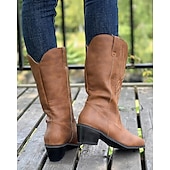 tanie Kowboj i zachodnie buty-damskie kowbojskie buty w stylu western – klasyczne, sięgające do połowy łydki, brązowe, ze sztucznej skóry z haftowanym wzorem, idealne na co dzień, na festiwale i do strojów wiejskich