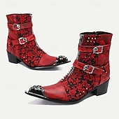 cheap Premium Leather Boots-Men&#039;s Red &amp; Black Gothic Leather Ankle Boots with Skull Buckles, Studded Accents, and Embroidered Floral Design – Premium Cowhide Punk Rock Footwear