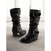 cheap Slouch Boots-Women&#039;s Brown Mid-Calf Slouchy Boots with Decorative Buckle and Low Block Heel – Casual Western Style, Perfect for Fall and Winter Fashion