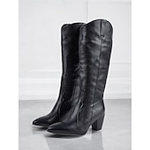 cheap Cowboy &amp; Western Boots-Black Faux Leather Knee-High Western Boots with Pointed Toe and Block Heels – Chic Cowgirl Style for Women