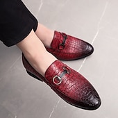 cheap Semi-Formal-Men&#039;s Red Crocodile-Embossed Faux Leather Loafers – Luxury Slip-On Shoes with Sleek Metal Buckle Accent for Formal and Business Wear