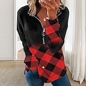 abordables Sudadera-Sudadera con Cremallera para Mujeres Pulóver Cuadros Bloque de Color Casual Con Cremallera Cuello en V Manga Larga Micro-elástico Primavera Otoño Invierno Confort Tejido Transpirable Suave