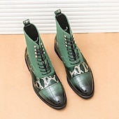 abordables Bottes habillées-bottines de luxe vertes pour hommes | similicuir à motif serpent avec bout en relief crocodile et design à lacets