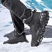 abordables Botas de invierno y nieve-Botas de nieve de invierno negras para hombre: botas de senderismo impermeables, forradas con piel, con cordones y suela antideslizante para climas fríos