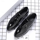 levne Poloformální-pánské černé lakované střapcové mokasíny – elegantní společenské boty s brogue detaily