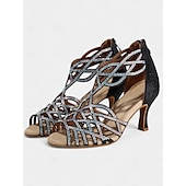 abordables Chaussures de danses latines-sandales de danse noires à strass pour femmes avec design à lanières et talon moyen – parfaites pour la danse de salon, la salsa et la danse latine