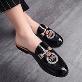 preiswerte Clogs &amp; Pantoletten für Herren-Herren-Loafer aus besticktem Lackleder, Pantoletten zum Hineinschlüpfen ohne Fersenteil mit Kronenemblem und Metallschnallendetail, perfekt für elegante und legere Anlässe