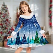 ieftine Rochii de Crăciun pentru copii-Copii Fete Rochie de Crăciun Rochie Rochie cu fulg de nea Mos Craciun Fiecare Om de Zăpadă Manșon Lung Casual Γούνινος Γιακάς Crewneck Elegant Adorabil Poliester Sub Genunchi Rochie casual Rochie