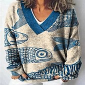 cheap Graphic Patterns &amp; Details-Women&#039;s Blouse Color Block Print Casual Long Sleeve V Neck Regular Tops Daily Print Red Blue Green Light Blue Winter