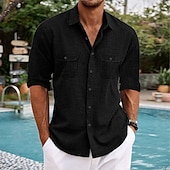voordelige Thuis-Voor heren Overhemd Katoenen linnen overhemd Zomer overhemd Strand Kleding Normaal shirt Overhemd met knopen Effen Vakantie Casual Zwart Wit blauw Lange mouw Revers Lente zomer Kleding Zak