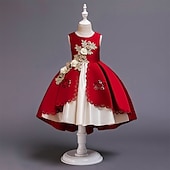 preiswerte Kleider für die Blumenmädchen-Blumenmädchenkleid Kinder Mädchen Prinzessinenkleid Leistung Hochzeit Party Elegant Schön Patchwork Blumen Ärmellos Rundhalsausschnitt Weinrot Rosa 4 Jahre +