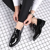levne Poloformální-pánské černé lakované střapcové mokasíny – elegantní společenské boty s brogue detaily