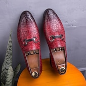 cheap Semi-Formal-Men&#039;s Red Crocodile-Embossed Faux Leather Loafers – Luxury Slip-On Shoes with Sleek Metal Buckle Accent for Formal and Business Wear