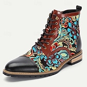 cheap Premium Leather Boots-Men&#039;s Premium Cowhide Leather Lace-Up Boots with Floral Jacquard Design and Cap Toe - Stylish and Durable Ankle Boots for Casual and Formal Occasions