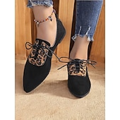 economico Scarpe oxford da donna-scarpe oxford in pelle scamosciata con pannello leopardato da donna – ballerine stringate con punta affilata per outfit casual ed eleganti