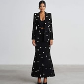 cheap Cocktail Dresses-Black White Blazer Tuxedo Dress Two Piece Suits Mermaid Cocktail Color Block Dress Formal Wedding Ankle Length Long Sleeve Shirt Collar  with Glitter Tassel Dresses