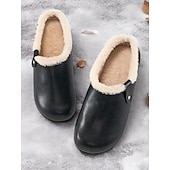 economico Zoccoli e pianelle da donna-Zoccoli invernali da donna in similpelle nera foderati in pile – comode scarpe da casa e da esterno slip-on per il comfort nelle giornate fredde