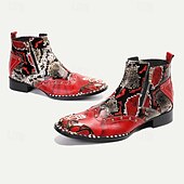 cheap Premium Leather Boots-Men&#039;s Red &amp; Black Snakeskin Leather Ankle Boots with Metallic Toe Cap and Side Zipper – Premium Cowhide Statement Footwear with Stud Accents