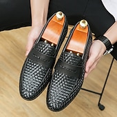 voordelige Semi-formeel-Bruine imitatieleren penny loafers voor heren met geweven bovenkant en rubberen zool - comfortabel en stijlvol voor zakelijke casual of smart casual outfits