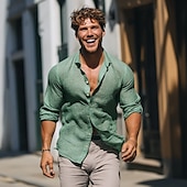 economico Strada-Per uomo camicia di lino Camicia estiva Abbigliamento mare Maglietta informale Camicia con bottoni Liscio Da mare Informale Nero Bianco Rosa Verde Manica lunga Bavero Primavera estate Abbigliamento
